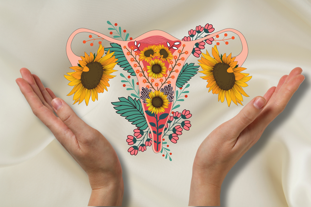 An image of a woman's ovary with flowers symbolizing women's fertility.