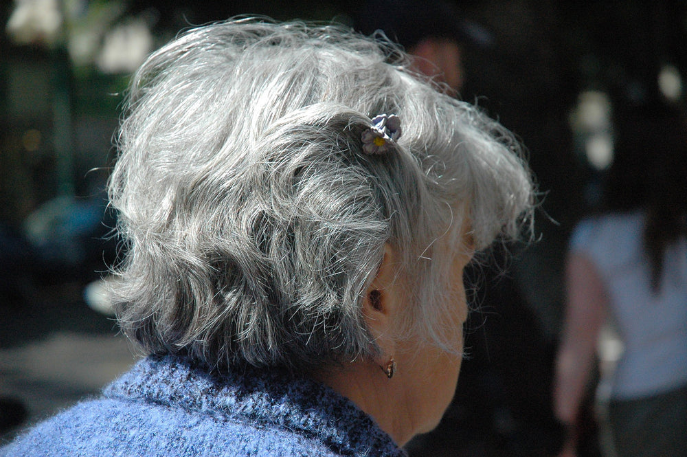 An image of an old woman's grey hair.